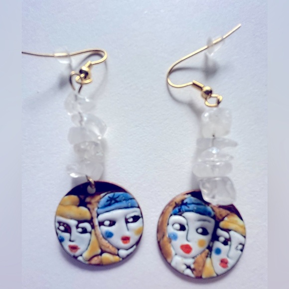 NWOT earrings Artisan Copper Enameled “Side-eye” faces, BFFs Quartz pierced 2.5” - Picture 5 of 9